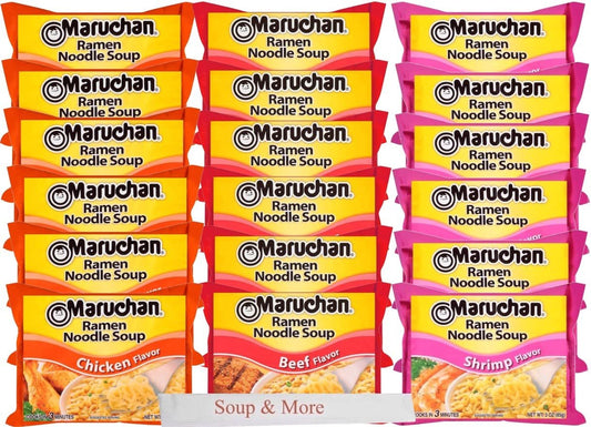 Maruchan Ramen Instant Soup Noodles 18 Count - 6 Shrimp Flavor & 6 Chicken Flavor & 6 Beef Flavor Lunch / Dinner Variety, 3 Flavors