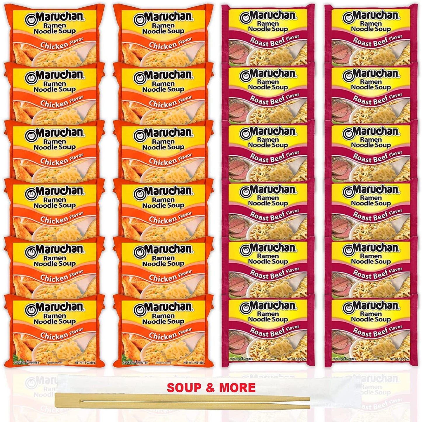 Maruchan Ramen Instant Noodle Soup Variety, 2 Flavors - 12 Packs Chicken & 12 Packs Roast Beef , 3 Ounce Single Servings Lunch / Dinner Variety