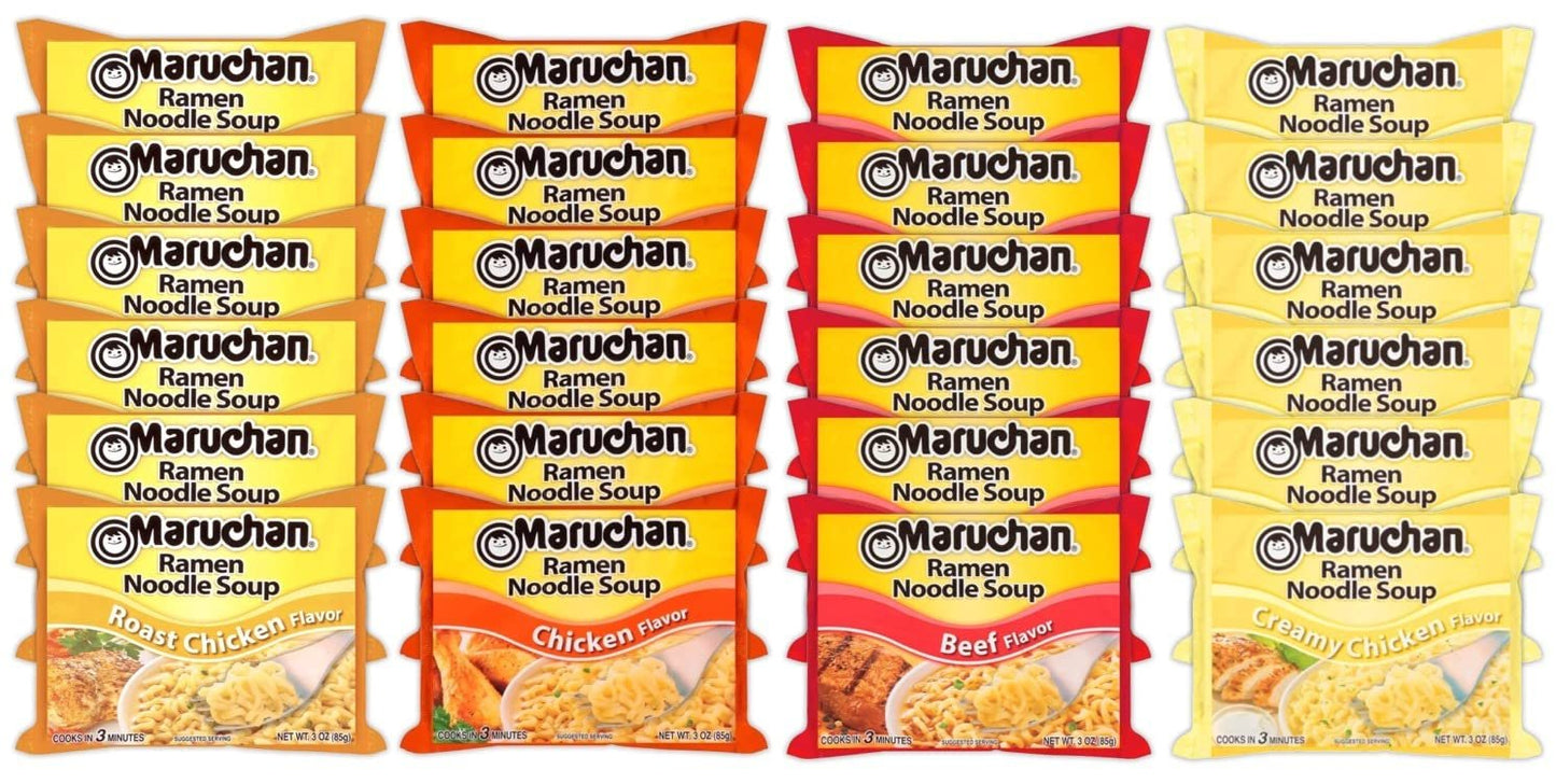 Maruchan Ramen Instant Noodle Soup Variety Mix 24 Packs, 4 Flavors - 6 Pack Beef, 6 Pack Roast Chicken , 6 Pack Creamy Chicken , 6 Pack Chicken Lunch / Dinner Variety
