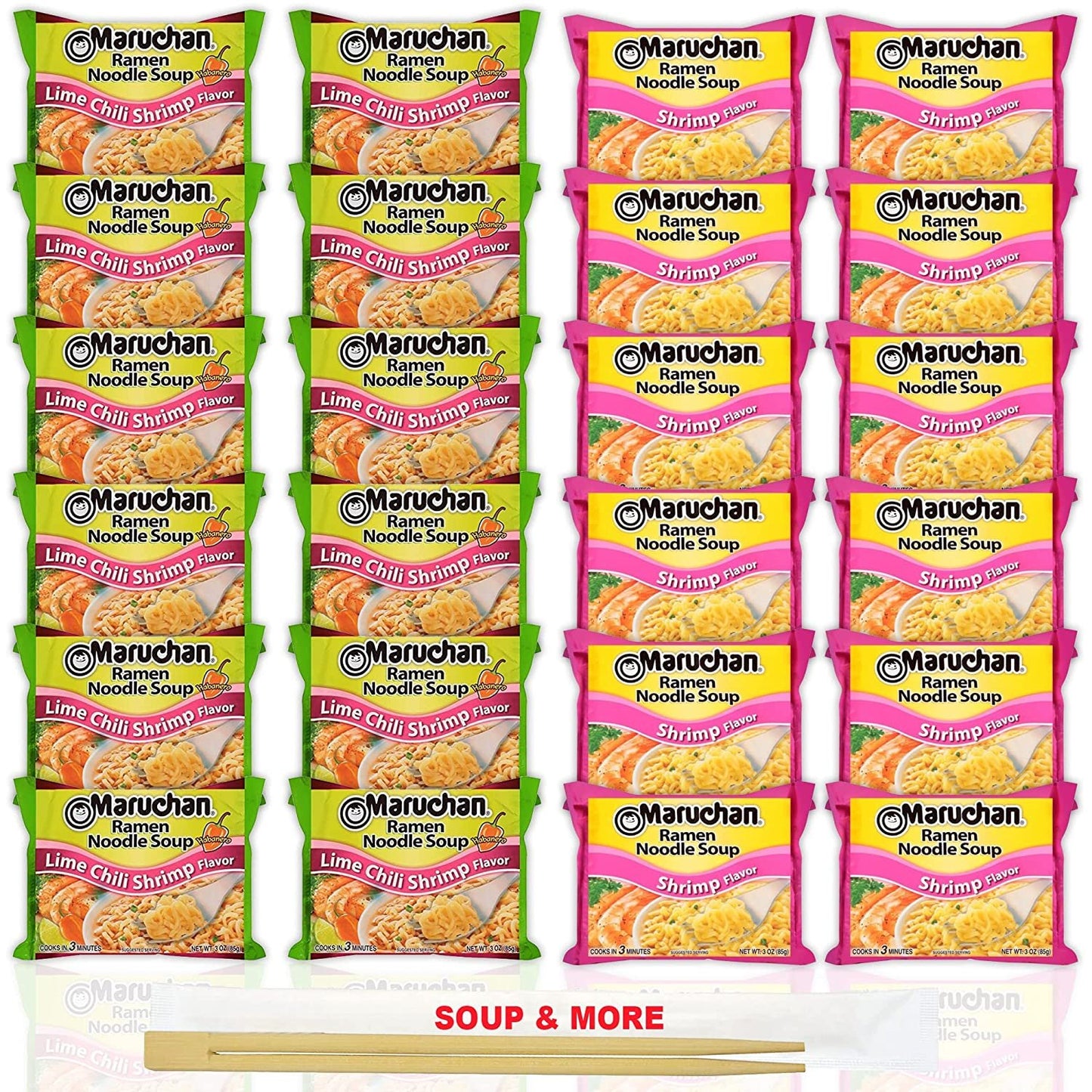 Maruchan Ramen Instant Noodle Soup Variety, 2 Flavors - 12 Packs Lime Chili Shrimp & 12 Packs Chili , 3 Ounce Single Servings Lunch / Dinner Variety
