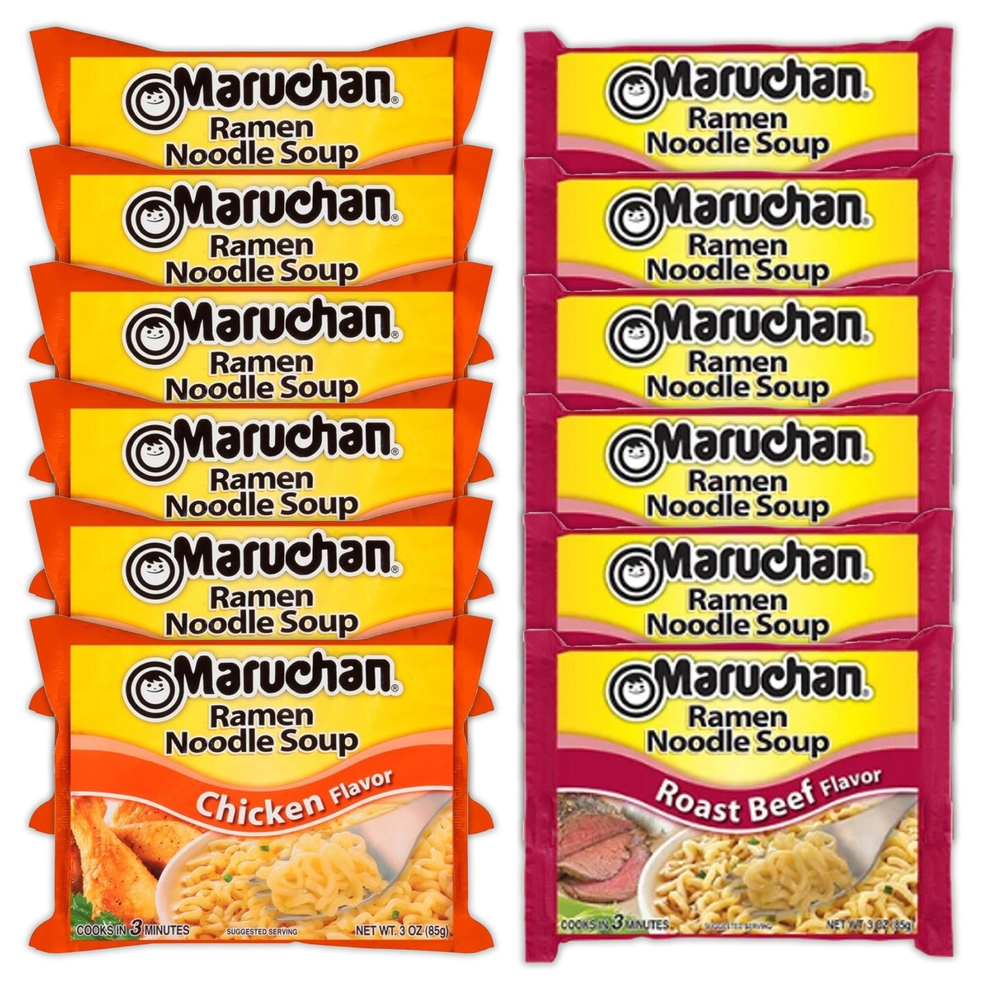 Maruchan Ramen Instant Noodle Soup Variety, 2 Flavors - 6 Packs Chicken & 6 Packs Roast Beef , 3 Ounce Single Servings Lunch / Dinner Variety