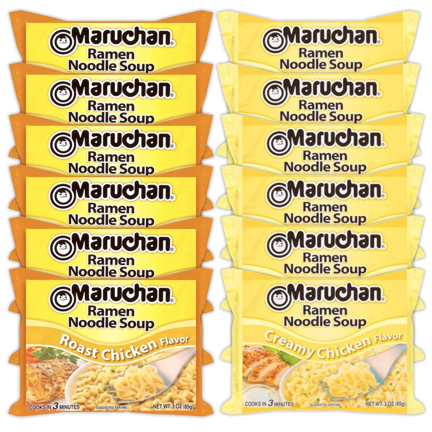 Maruchan Ramen Instant Noodle Soup Variety, 2 Flavors - 6 Packs Roast Chicken & 6 Packs Creamy Chicken , 3 Ounce Single Servings Lunch / Dinner Variety