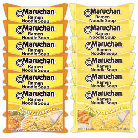 Maruchan Ramen Instant Noodle Soup Variety, 2 Flavors - 6 Packs Roast Chicken & 6 Packs Creamy Chicken , 3 Ounce Single Servings Lunch / Dinner Variety