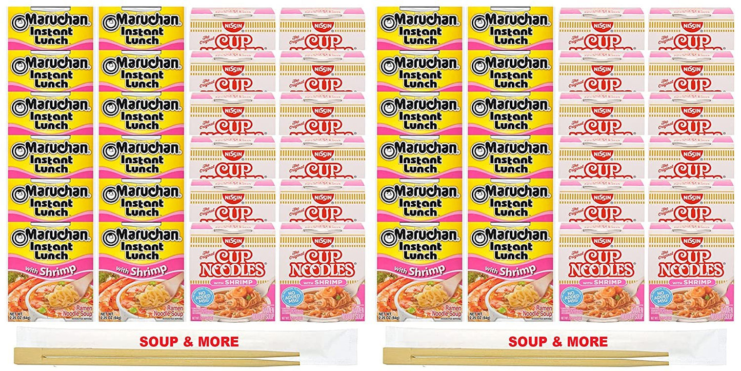 Maruchan Ramen Instant Shrimp Soup 24 Noodles Cups & 24 Nissin cup Shrimp Noodles Flavor Lunch / Dinner Variety, 48 Count, 2 Flavors