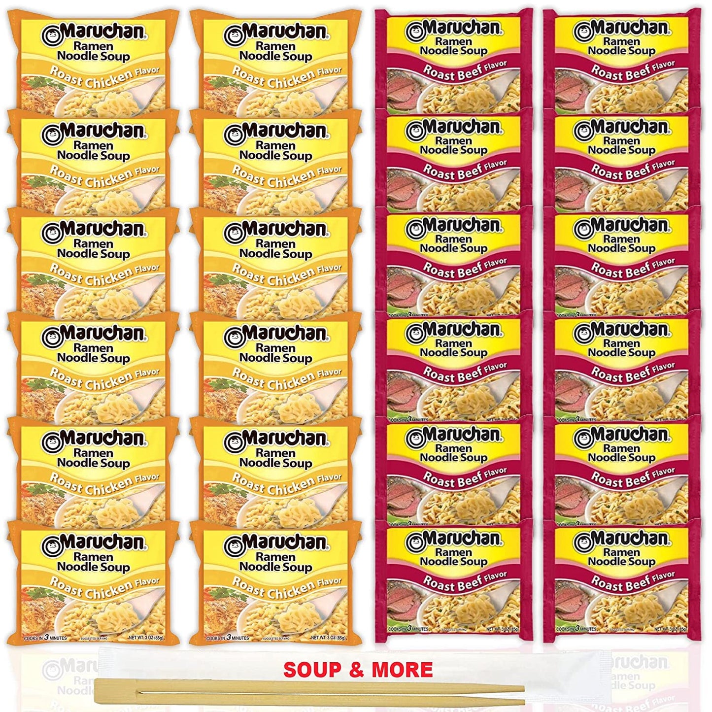 Maruchan Ramen Instant Noodle Soup Variety, 2 Flavors - 12 Packs Roast Chicken & 12 Packs Roast Beef , 3 Ounce Single Servings Lunch / Dinner Variety