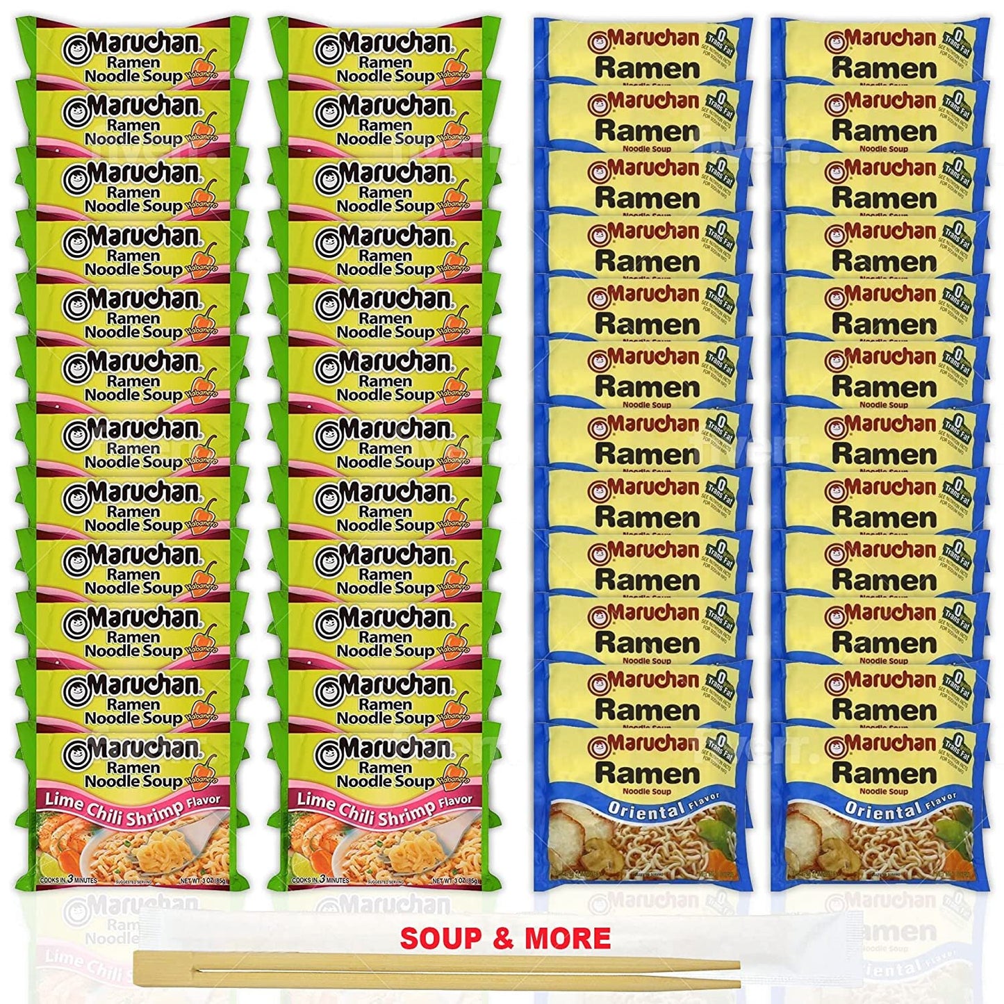 Maruchan Ramen Instant Noodle Soup Variety, 2 Flavors - 24 Packs Lime Chili Shrimp & 24 Packs Oriental , 3 Ounce Single Servings Lunch / Dinner Variety