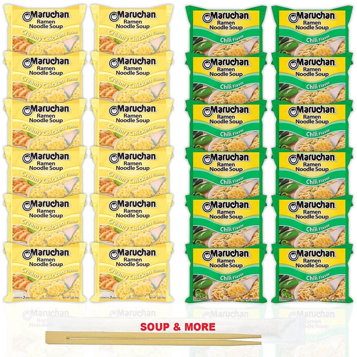 Maruchan Ramen Instant Noodle Soup Variety, 2 Flavors - 12 Packs Creamy Chicken & 12 Packs Chili , 3 Ounce Single Servings Lunch / Dinner Variety