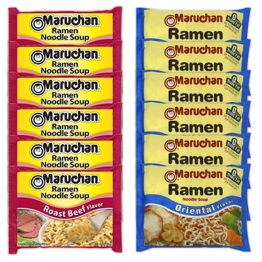 Maruchan Ramen Instant Noodle Soup Variety, 2 Flavors - 6 Packs Roast Beef & 6 Packs Soy Sauce , 3 Ounce Single Servings Lunch / Dinner Variety