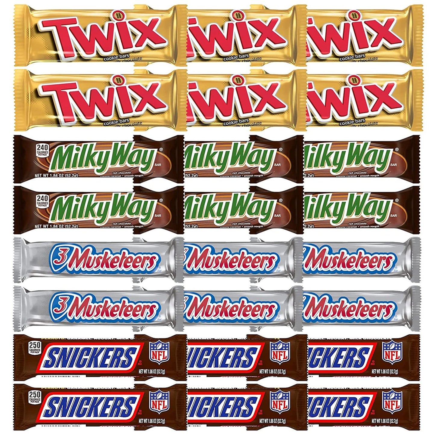 SNICKERS, TWIX, MILKY WAY & 3 MUSKETEERS Individually Wrapped Variety Pack Full Size Milk Chocolate Candy Bars Bulk Assortment, 24 Bars