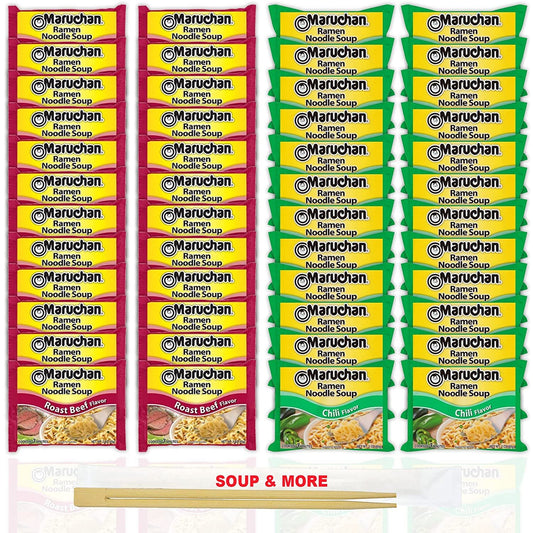 Maruchan Ramen Instant Noodle Soup Variety, 2 Flavors - 24 Packs Roast Beef & 24 Packs Chili , 3 Ounce Single Servings Lunch / Dinner Variety