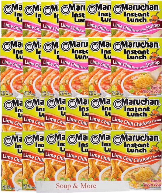 Maruchan Ramen Instant Cup Noodles 24 Count - 12 Lime Chili Chicken Flavor & 12 Lime Chili Shrimp Flavor Lunch / Dinner Variety, 2 Flavors