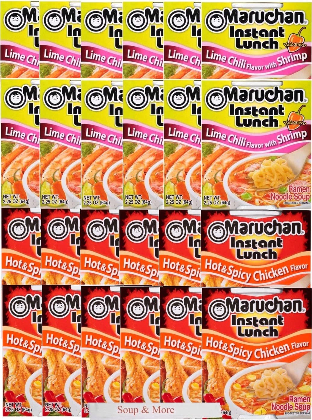 Maruchan Ramen Instant Cup Noodles 24 Count - 12 Hot & Spicy Chicken Flavor & 12 Lime Chili Shrimp Flavor Lunch / Dinner Variety, 2 Flavors