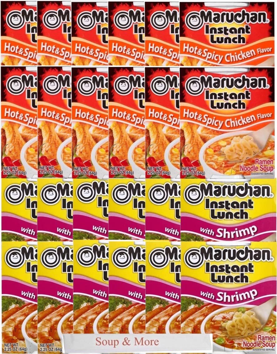 Maruchan Ramen Instant Cup Noodles 24 Count - 12 Shrimp Flavor & 12 Hot & Spicy Chicken Flavor Lunch / Dinner Variety, 2 Flavors