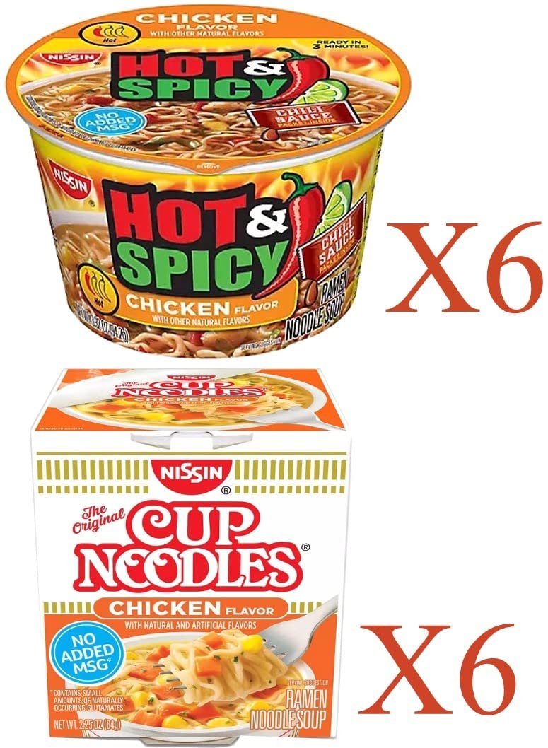 Nissin Cup Noodles Soup Instant Cup 12 Count, 6 Hot & Spicy Chicken Bowl, 6 Chicken Cup Lunch / Dinner Variety, 2 Flavors