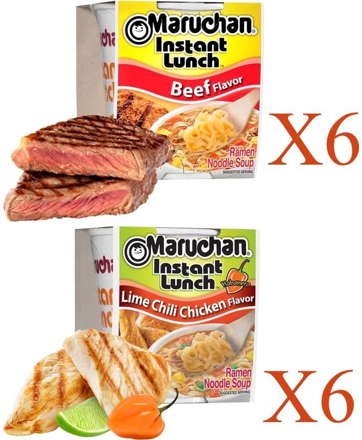 Maruchan Ramen Instant Cup Noodles 12 Count - 6 Beef Flavor & 6 Lime Chili Chicken Flavor Lunch / Dinner Variety, 2 Flavors