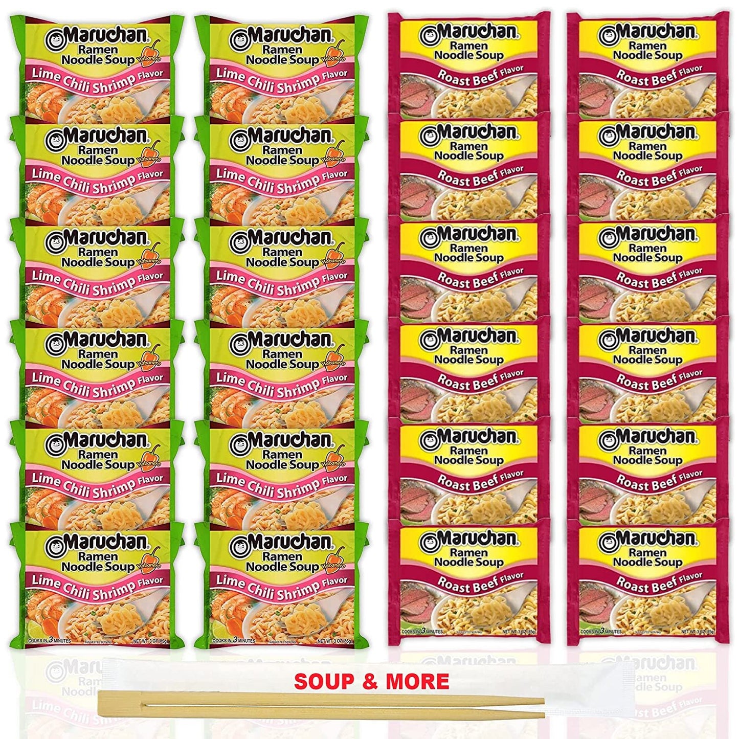 Maruchan Ramen Instant Noodle Soup Variety, 2 Flavors - 12 Packs Lime Chili Shrimp & 12 Packs Roast Beef , 3 Ounce Single Servings Lunch / Dinner Variety