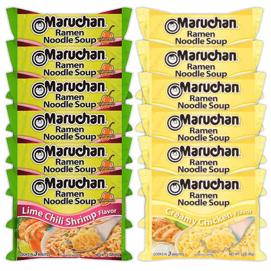 Maruchan Ramen Instant Noodle Soup Variety, 2 Flavors - 6 Packs Lime Chili Shrimp & 6 Packs Creamy Chicken , 3 Ounce Single Servings Lunch / Dinner Variety