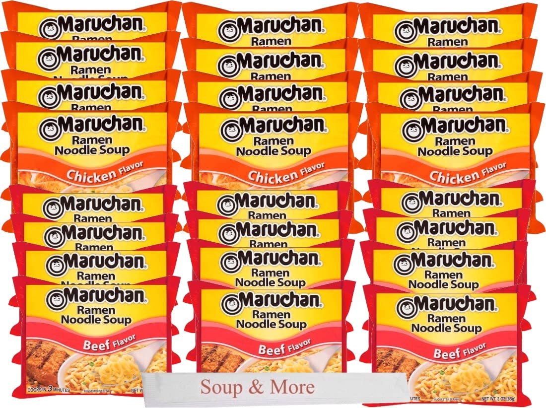 Maruchan Ramen Instant Soup Noodles 24 Count - 12 Cheick Flavor & 12 Beef Flavor Packs Lunch / Dinner Variety, 2 Flavors