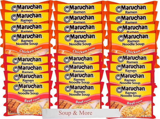 Maruchan Ramen Instant Soup Noodles 24 Count - 12 Cheick Flavor & 12 Beef Flavor Packs Lunch / Dinner Variety, 2 Flavors