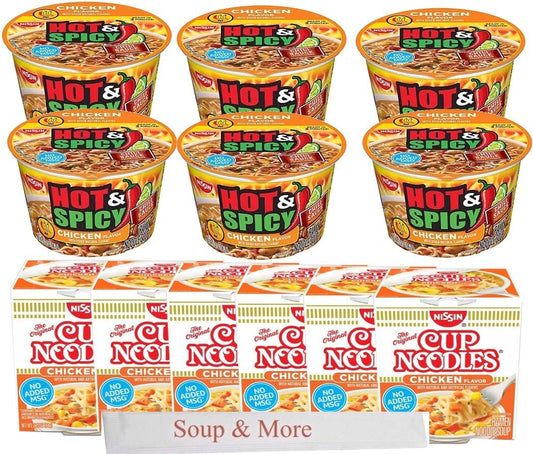 Nissin Cup Noodles Soup Instant Cup 12 Count, 6 Hot & Spicy Chicken Bowl, 6 Chicken Cup Lunch / Dinner Variety, 2 Flavors