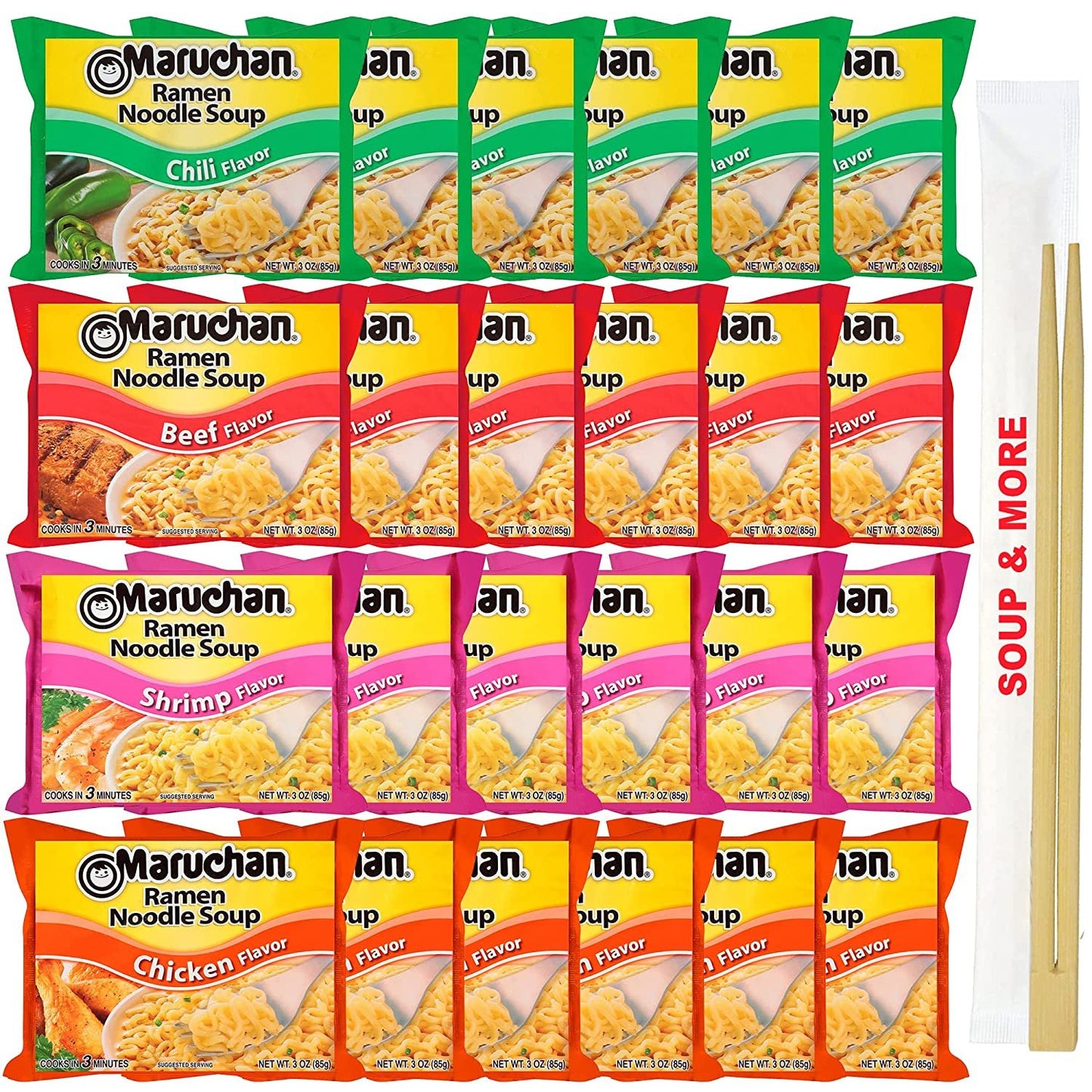 Maruchan Ramen Instant Soup Noodles Packs 24 Count - 6 Shrimp Flavor, 6 Beef , 6 Chili , 6 Chicken Pack Flavor Lunch / Dinner Variety, 4 Flavors
