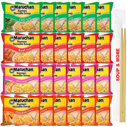 Maruchan Ramen Instant Soup Noodles Packs 24 Count - 6 Shrimp Flavor, 6 Beef , 6 Chili , 6 Chicken Pack Flavor Lunch / Dinner Variety, 4 Flavors