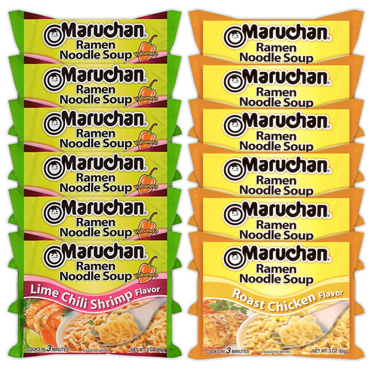 Maruchan Ramen Instant Noodle Soup Variety, 2 Flavors - 6 Packs Lime Chili Shrimp & 6 Packs Roast Chicken , 3 Ounce Single Servings  Lunch / Dinner Variety