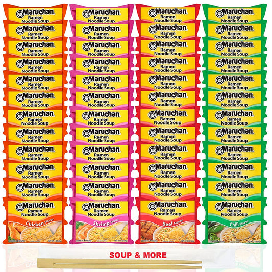 Maruchan Ramen Instant Soup 48 Count Noodles Packs- 12 Chicken, 12 Shrimp, 12 Beef & 12 Chili Flavors Lunch / Dinner Variety, 4 Flavors