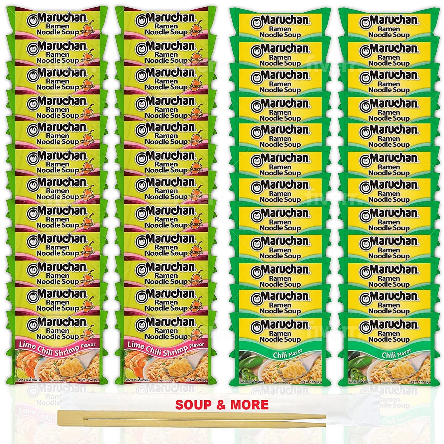 Maruchan Ramen Instant Noodle Soup Variety, 2 Flavors - 24 Packs Lime Chili Shrimp & 24 Packs Chili , 3 Ounce Single Servings Lunch / Dinner Variety