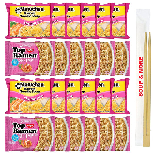 Maruchan Ramen Instant Shrimp Flavor Soup 12 Noodles Packs & 12 Nissin Packs Shrimp Noodles Flavor Lunch / Dinner Variety, 24 Count, 2 Flavors