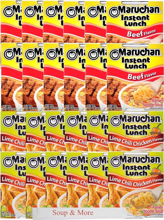 Maruchan Ramen Instant Cup Noodles 24 Count - 12 Beef Flavor & 12 Lime Chili Chicken Flavor Lunch / Dinner Variety, 2 Flavors