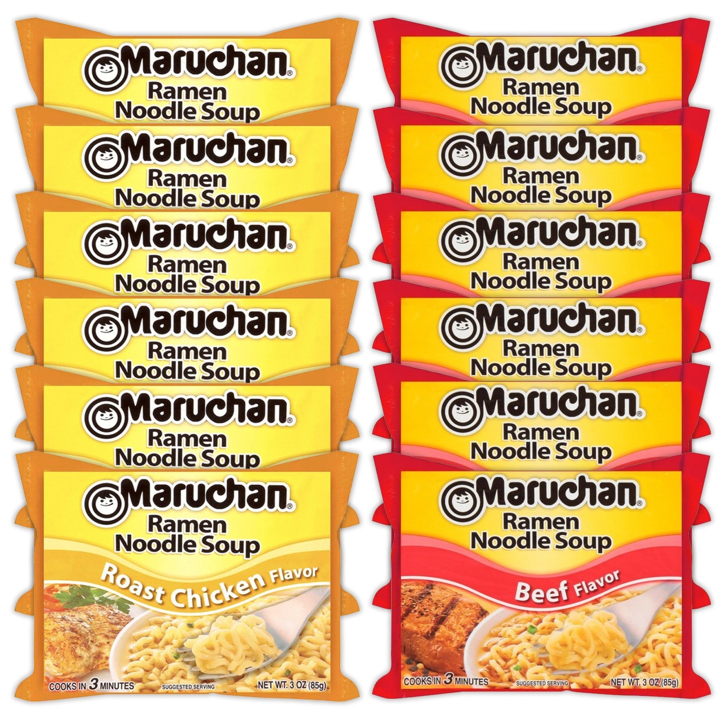 Maruchan Ramen Instant Noodle Soup Variety, 2 Flavors - 6 Packs Roast Chicken & 6 Packs Beef , 3 Ounce Single Servings Lunch / Dinner Variety