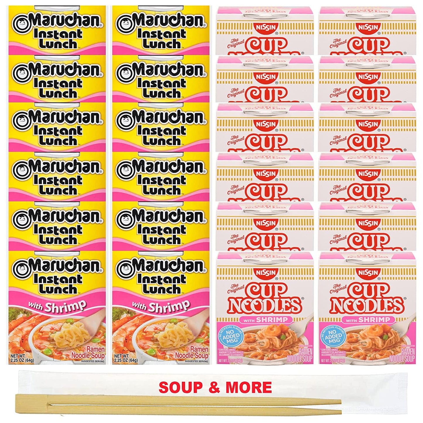 Maruchan Ramen Instant Shrimp Soup 12 Noodles Cups & 12 Nissin cup Shrimp Noodles Flavor Lunch / Dinner Variety, 24 Count, 2 Flavors