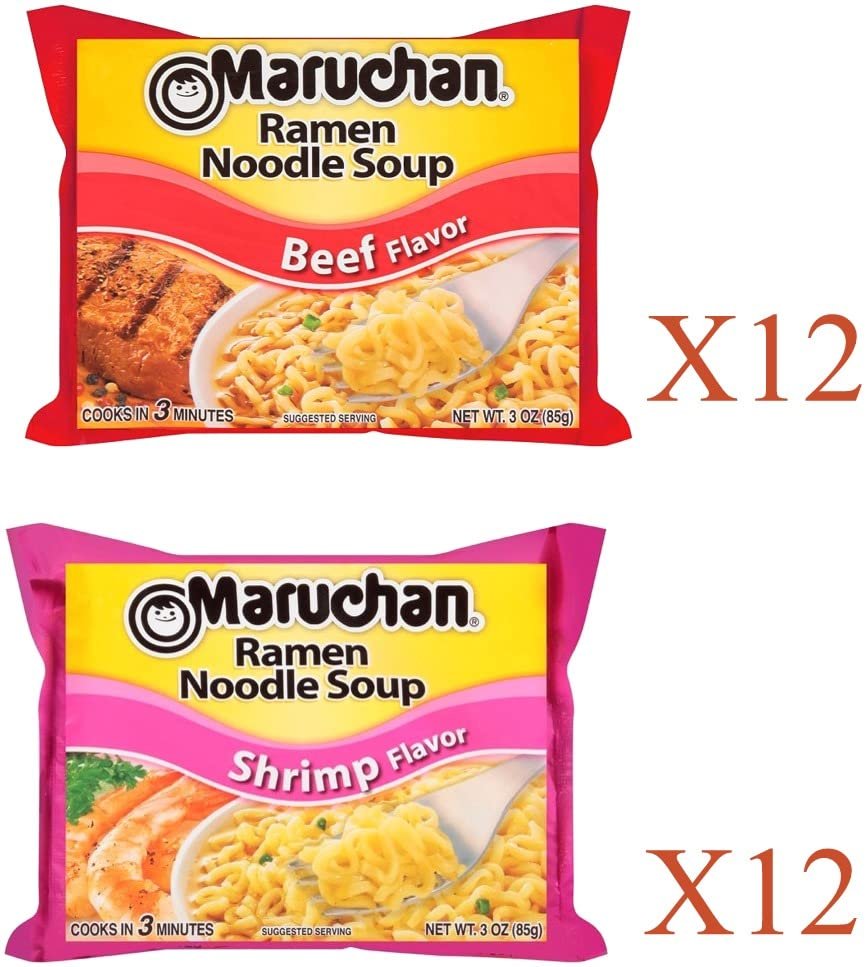 Maruchan Ramen Instant Soup Noodles 24 Count - 12 Shrimp Flavor & 12 Beef Pack Flavor Lunch / Dinner Variety, 2 Flavors