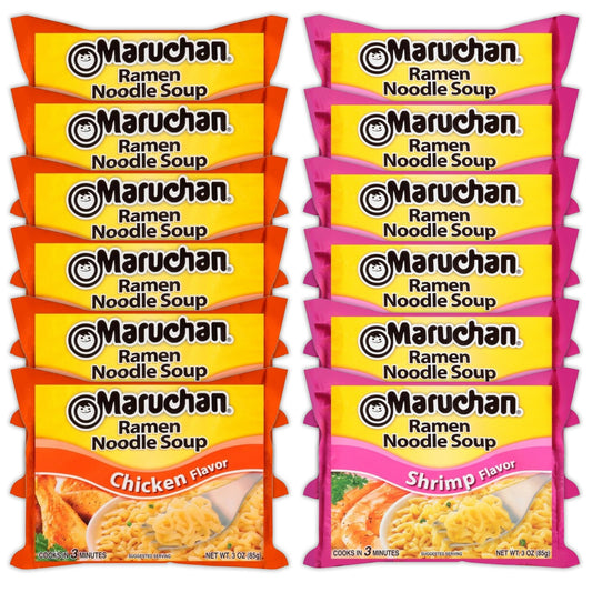 Maruchan Ramen Instant Noodle Soup Variety, 2 Flavors - 6 Packs Chicken & 6 Packs Shrimp , 3 Ounce Single Servings Lunch / Dinner Variety