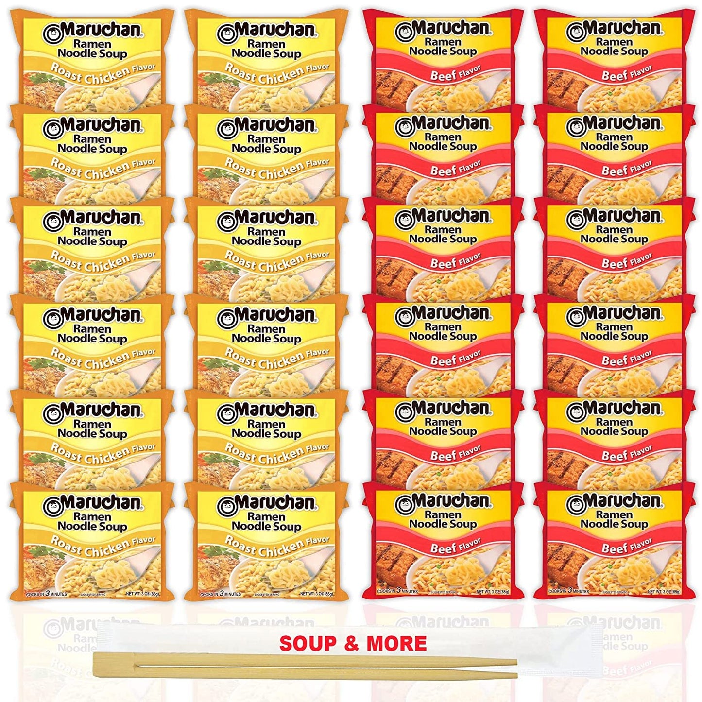 Maruchan Ramen Instant Noodle Soup Variety, 2 Flavors - 12 Packs Roast Chicken & 12 Packs Beef , 3 Ounce Single Servings Lunch / Dinner Variety