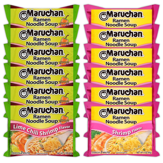 Maruchan Ramen Instant Noodle Soup Variety, 2 Flavors - 6 Packs Lime Chili Shrimp & 6 Packs Shrimp , 3 Ounce Single Servings Lunch / Dinner Variety