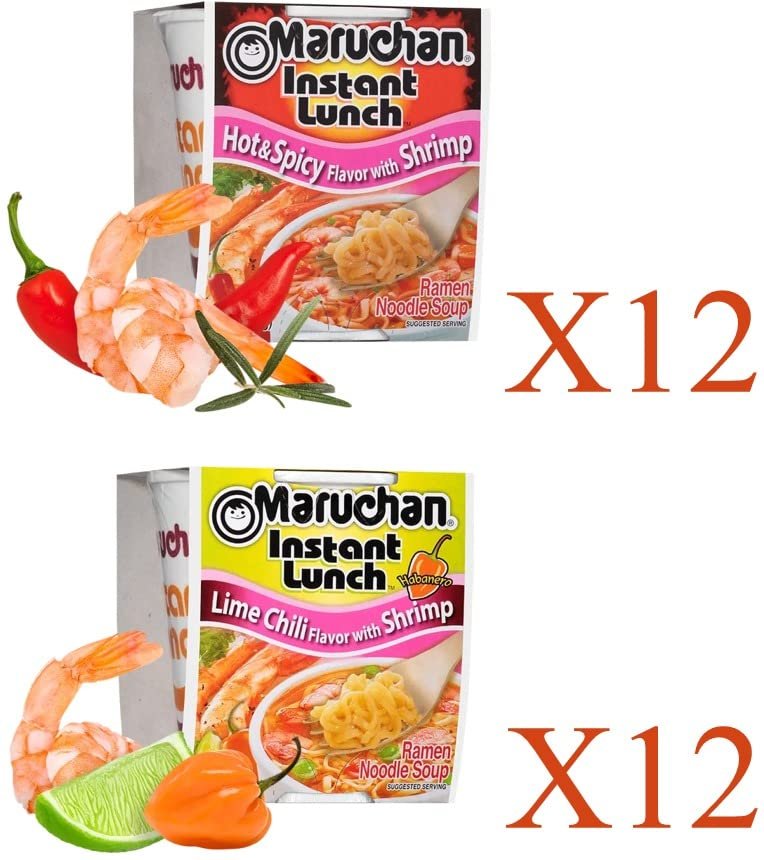 Maruchan Ramen Instant Soup Cup Noodles 24 Count - 12 Hot & Spicy Shrimp Flavor & 12 Lime Chili Shrimp Flavor Lunch / Dinner Variety, 2 Flavors