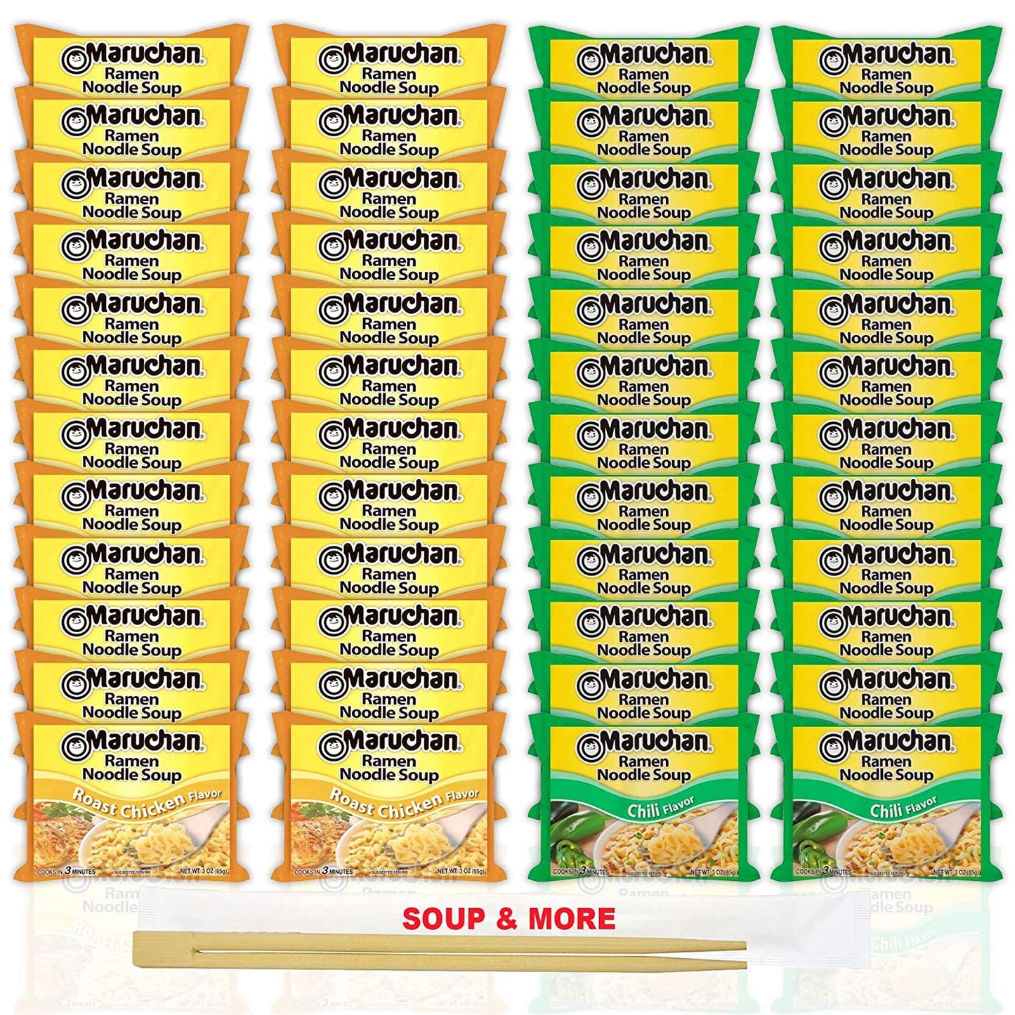 Maruchan Ramen Instant Noodle Soup Variety, 2 Flavors - 24 Packs Roast Chicken & 24 Packs Chili , 3 Ounce Single Servings Lunch / Dinner Variety