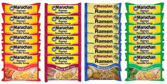 Maruchan Ramen Instant Noodle Soup Variety Mix 24 Packs, 4 Flavors - 6 Pack Beef, 6 Pack Roast Beef, 6 Pack Oriental , 6 Pack Chili Lunch / Dinner Variety