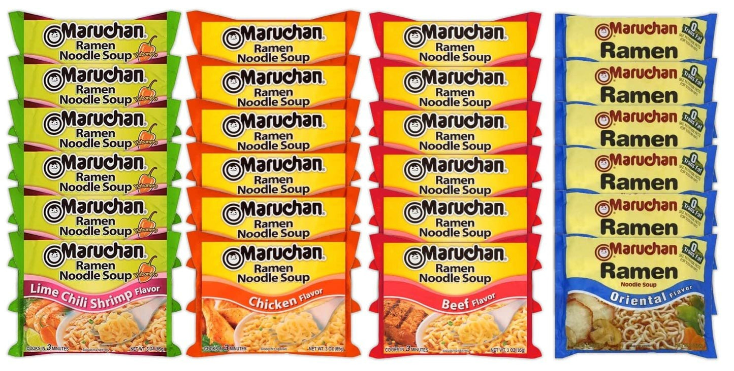 Maruchan Ramen Instant Noodle Soup Variety Mix 24 Packs, 4 Flavors - 6 Pack Oriental, 6 Pack Beef, 6 Pack Chicken, 6 Pack Lime Chili Shrimp Lunch / Dinner Variety