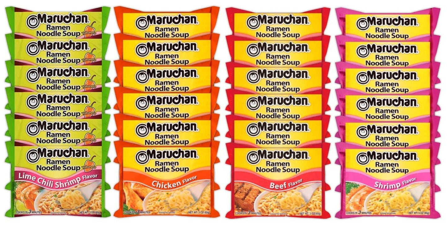 Maruchan Ramen Instant Noodle Soup Variety Mix 24 Packs, 4 Flavors - 6 Pack Beef, 6 Pack Lime Chili Shrimp , 6 Pack Shrimp , 6 Pack Chicken Lunch / Dinner Variety