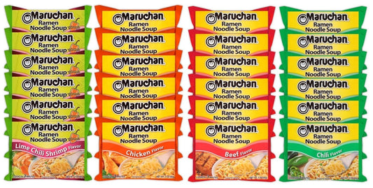 Maruchan Ramen Instant Noodle Soup Variety Mix 24 Packs, 4 Flavors - 6 Pack Beef, 6 Pack Lime Chili Shrimp, 6 Pack Chilli, 6 Pack Chicken Lunch / Dinner Variety