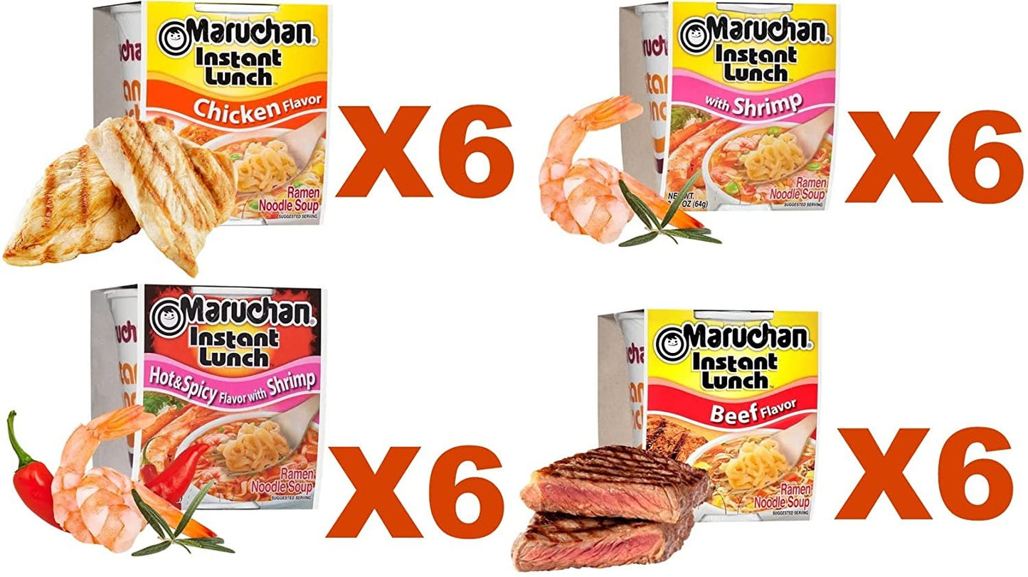 Maruchan Ramen Cup Noodles Instant 24 Count - 6 Beef cups, 6 Shrimp, 6 Beef & 6 Hot & Spicy Shrimp cup Lunch / Dinner Variety, 4 Flavors