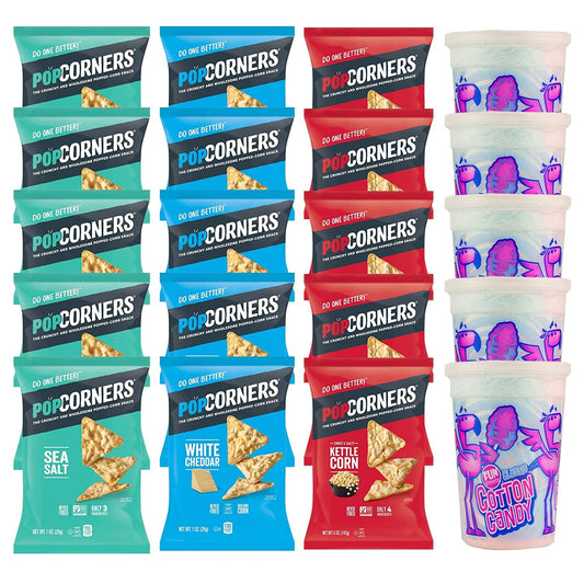 POPCORNERS Carnival Kettle, Sea Salt, White Cheddar, Popped Corn Chips and Fun Sweets Classic Cotton Candy verity Pack – 20 Count