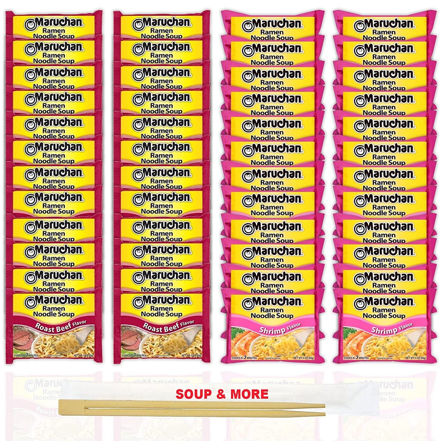 Maruchan Ramen Instant Noodle Soup Variety, 2 Flavors - 24 Packs Roast Beef & 24 Packs Shrimp , 3 Ounce Single Servings Lunch / Dinner Variety