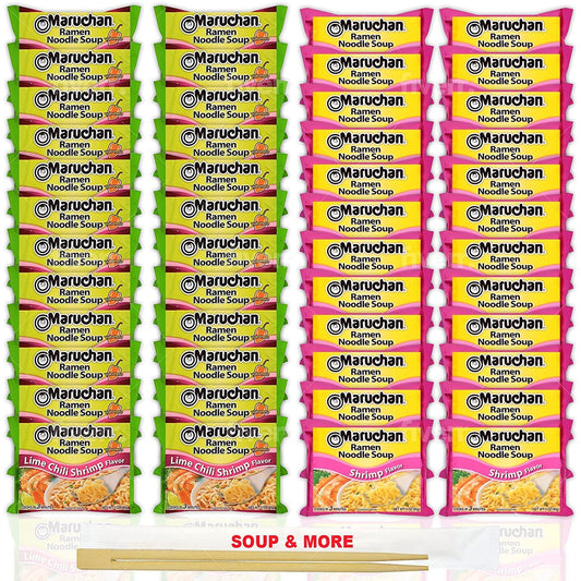 Maruchan Ramen Instant Noodle Soup Variety, 2 Flavors - 24 Packs Lime Chili Shrimp & 24 Packs Shrimp , 3 Ounce Single Servings Lunch / Dinner Variety