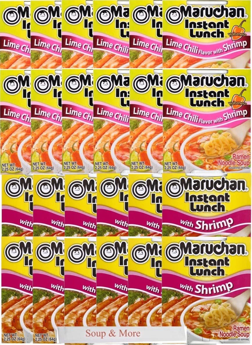 Maruchan Ramen Instant Cup Noodles 24 Count - 12 Shrimp Flavor & 12 Lime Chili Shrimp Flavor Lunch / Dinner Variety, 2 Flavors