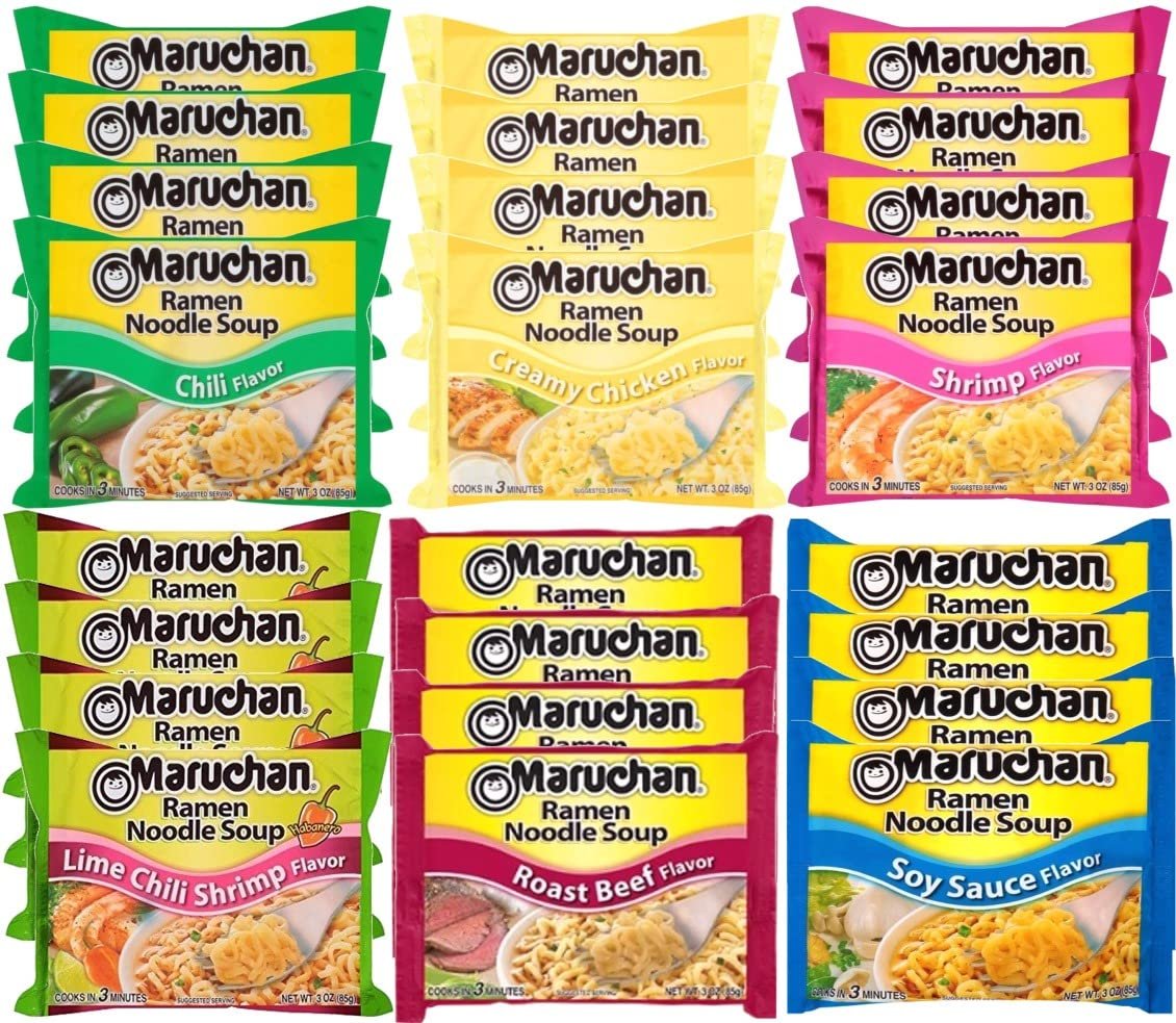 Maruchan Ramen Instant Noodle Soup Variety Mix 24 Packs, 6 Flavors - 4 Roast Beef, 4 Oriental, 4 Shrimp, 4 Chili, 4 Creamy Chicken, 4 lime Chili Shrimp Lunch / Dinner Variety