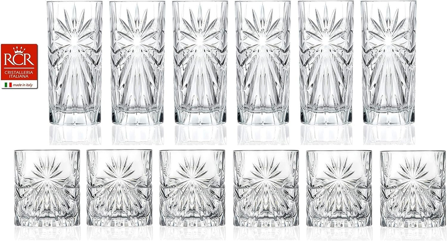 RCR Cristalleria Italiana Crystal Glass Drinkware Set (DOF Whiskey (10.65 oz) & Highball Tumbler (12 oz) - 12 Piece)